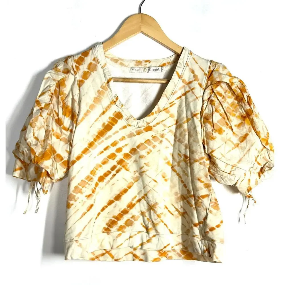 Marie Oliver Viva Popover Top Tie Dy Puff Sleeve V-Neck Pima Cotton Orange M